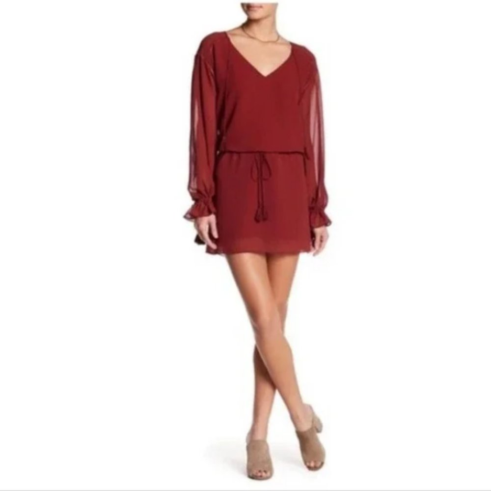 NWT Haute Hippie Burgundy Peasant Bohemian Mini Dress Tassels, S